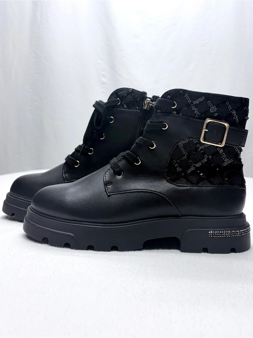 Jessica Simpson Rosa Combat Boots Girls 4 Black Moto Buckle Side Zip NWOT